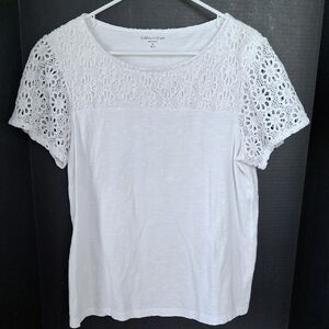 Coldwater Creek Crochet Short Sleeve Tee Size M Ivory Cotton EUC